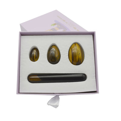 4pcs Tiger Eye Drilled Yoni Uova e bacchette Set con scatola Perfetto per le vacanze e la collezione di statue in pietra