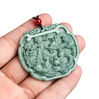 Tematica d'amore Colletto di giada naturale Pendente in stile Feng Shui con drago auspicioso e fenice