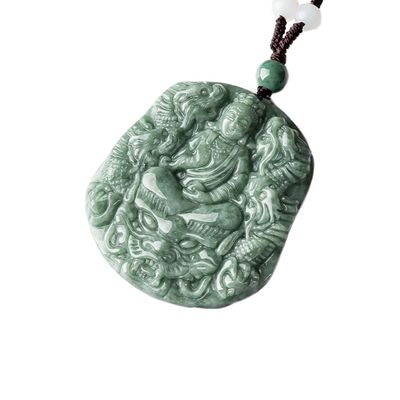 Giada naturale scolpita nove draghi Guan Yin pendente collana Un'aggiunta unica alla vostra collezione di gioielli