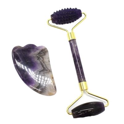 Massaggio del viso e del corpo Guasha Strumento di bellezza Prodotto di tendenza 2024 Ametista naturale Giada Roller Faciale Gua Sha massaggiatore