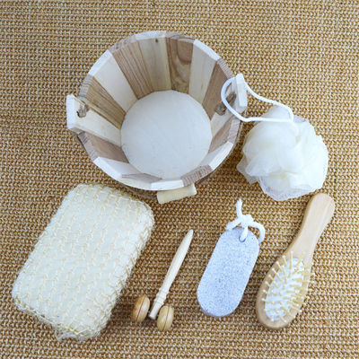 Pulizia del corpo Set bagno in legno con spazzola per capelli Pumice Stone Bath Pouf Sisal Sponge Massager 6Pcs Spa Bath Beauty Gift Set