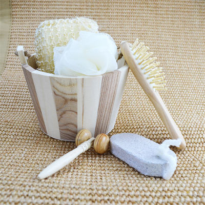 Pulizia del corpo Set bagno in legno con spazzola per capelli Pumice Stone Bath Pouf Sisal Sponge Massager 6Pcs Spa Bath Beauty Gift Set