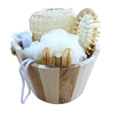 Massaggiatore Corporeo Set Bagno In Barile Cinque pezzi Con Pietra Pumice Massaggiatore Facciale Shampoo pettine Spugna igienica e doccia Pouf