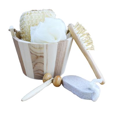 Massaggiatore Corporeo Set Bagno In Barile Cinque pezzi Con Pietra Pumice Massaggiatore Facciale Shampoo pettine Spugna igienica e doccia Pouf