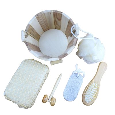 Massaggiatore Corporeo Set Bagno In Barile Cinque pezzi Con Pietra Pumice Massaggiatore Facciale Shampoo pettine Spugna igienica e doccia Pouf
