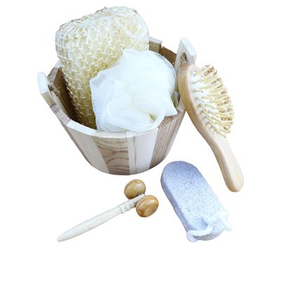 Massaggiatore Corporeo Set Bagno In Barile Cinque pezzi Con Pietra Pumice Massaggiatore Facciale Shampoo pettine Spugna igienica e doccia Pouf