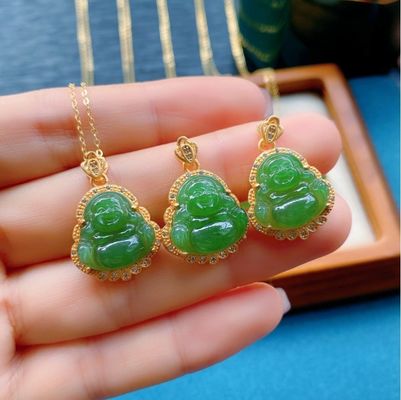 925 Collare di Buddha di Giada con Nefrite Verde Intagliato d'Argento con Pietre di Cristallo e Piccole Dimensioni