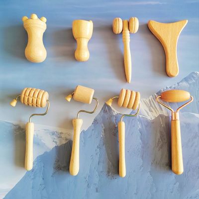 Disponibile il logo personalizzatod Beech Facial Mini Sculpting Tools Wood Therapy Facial Massage Roller Sets Kit di terapia facciale in legno