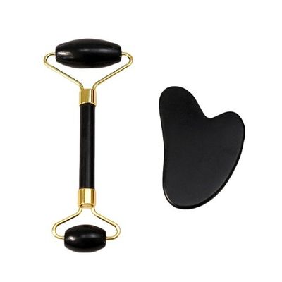 Scraper per il corpo Logo personalizzato Disponibile Natural Black Bianstone Face Massage Roller Guasha Black Jade Roller Set per il massaggio