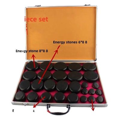 Massaggio muscolare Kit di massaggio con pietre calde Scatola di riscaldamento in alluminio con 28 pezzi di pietre energetiche di basalto in nero
