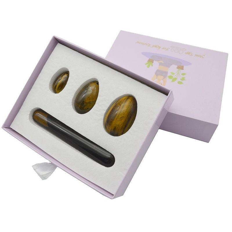 4pcs Tiger Eye Drilled Yoni Uova e bacchette Set con scatola Perfetto per le vacanze e la collezione di statue in pietra
