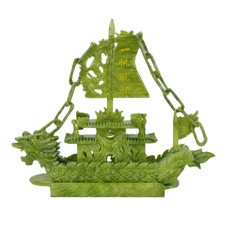 Decorazione cinese artigianale da 28 cm per la buona fortuna Giada di pietra artigianale Barche del drago per ornamento / regalo