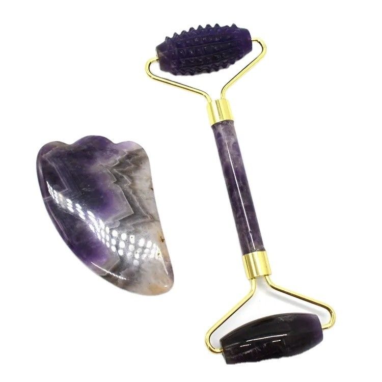 Massaggio del viso e del corpo Guasha Strumento di bellezza Prodotto di tendenza 2024 Ametista naturale Giada Roller Faciale Gua Sha massaggiatore