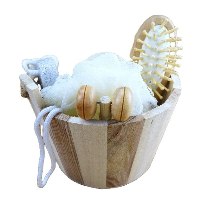 Pulizia del corpo Set bagno in legno con spazzola per capelli Pumice Stone Bath Pouf Sisal Sponge Massager 6Pcs Spa Bath Beauty Gift Set