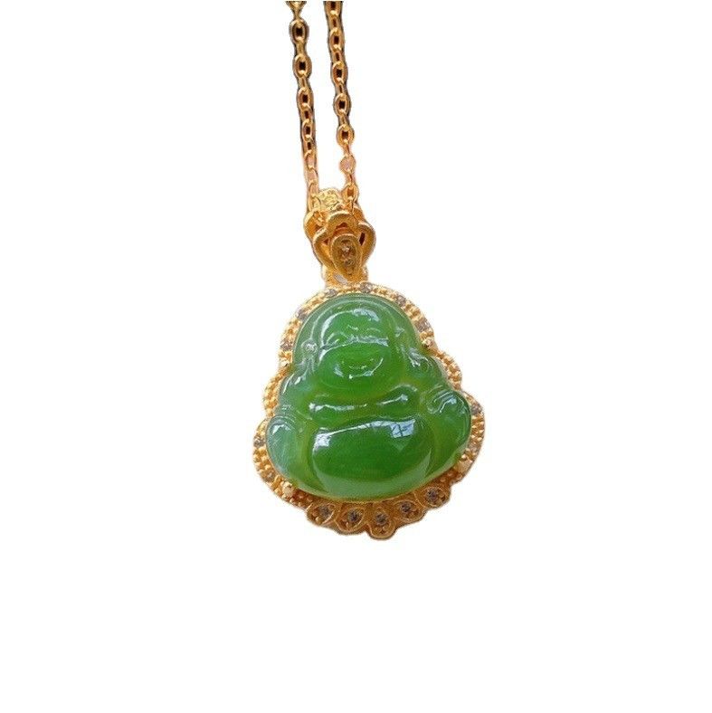 925 Collare di Buddha di Giada con Nefrite Verde Intagliato d'Argento con Pietre di Cristallo e Piccole Dimensioni