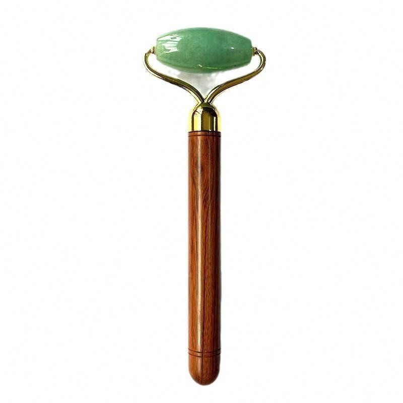 Aventurine verde giada faccia Roller cura della pelle facciale giada strumento di massaggio con maniglia di legno per il logo personalizzato disponibile