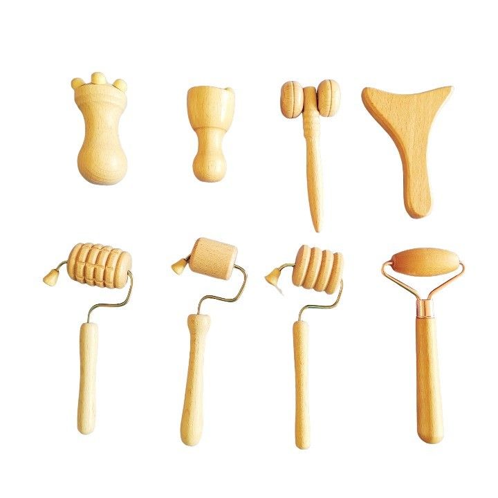 Disponibile il logo personalizzatod Beech Facial Mini Sculpting Tools Wood Therapy Facial Massage Roller Sets Kit di terapia facciale in legno