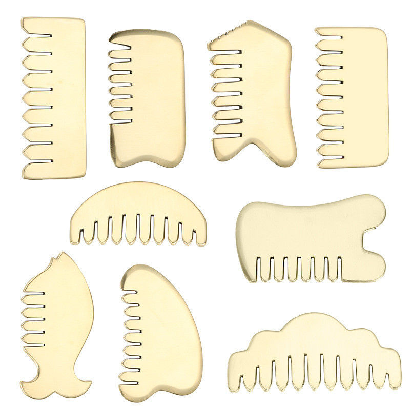 Massaggio muscolare Oro Gua Sha Board Strumento per ottone naturale Guasha Pietra Testa massaggiatore capelli Salute cura salone di bellezza strumento