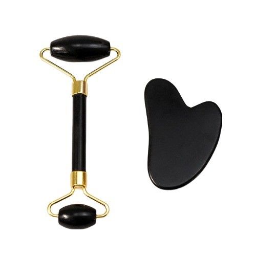 Scraper per il corpo Logo personalizzato Disponibile Natural Black Bianstone Face Massage Roller Guasha Black Jade Roller Set per il massaggio