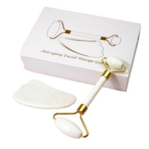 Disponibile il logo personalizzato di White Jade Roller e Guasha Set per Massaggio Faciale Gua Sha Con Gift Box Per I Muscoli Del Corpo