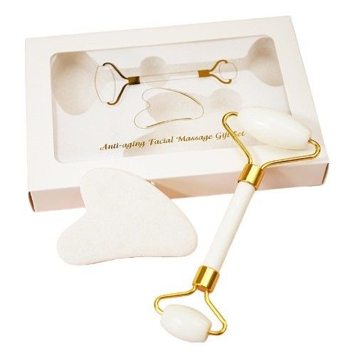 Strumento per la cura della pelle Pietra di giada bianca naturale Gua Sha Scraping Board Guasha Face Roller Gift Box Set per massaggi muscolari del corpo