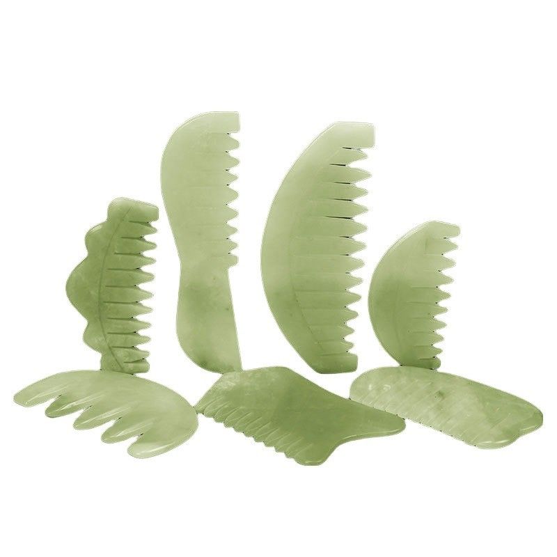 Terapia di agopuntura e massaggio del cuoio capelluto pettine naturale di giada con strumenti Xiuyan Giada Gua Sha