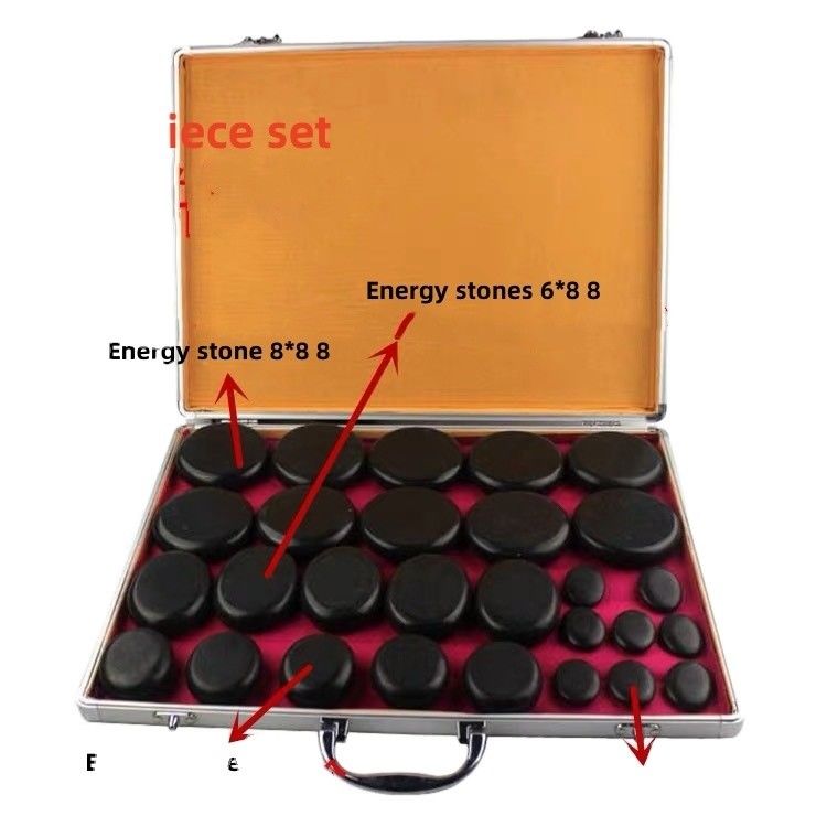 Massaggio muscolare Kit di massaggio con pietre calde Scatola di riscaldamento in alluminio con 28 pezzi di pietre energetiche di basalto in nero